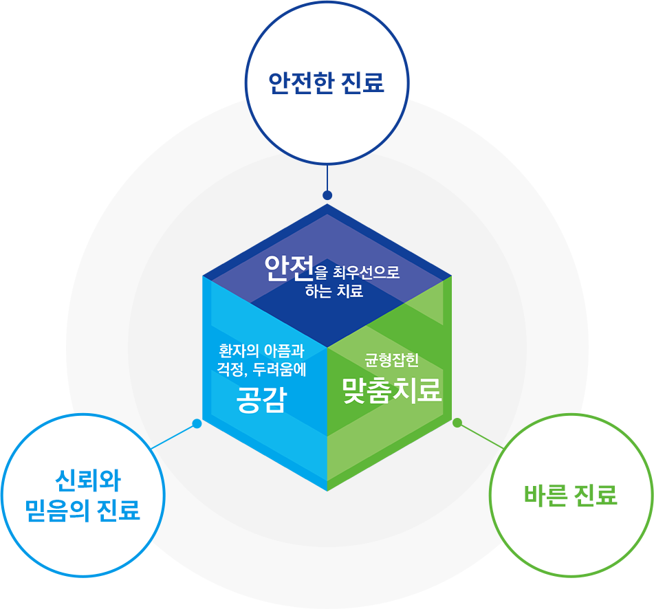 서울에이스병원 비전 도표: 안전한 진료, 신뢰와 믿음의 진료, 바른 진료